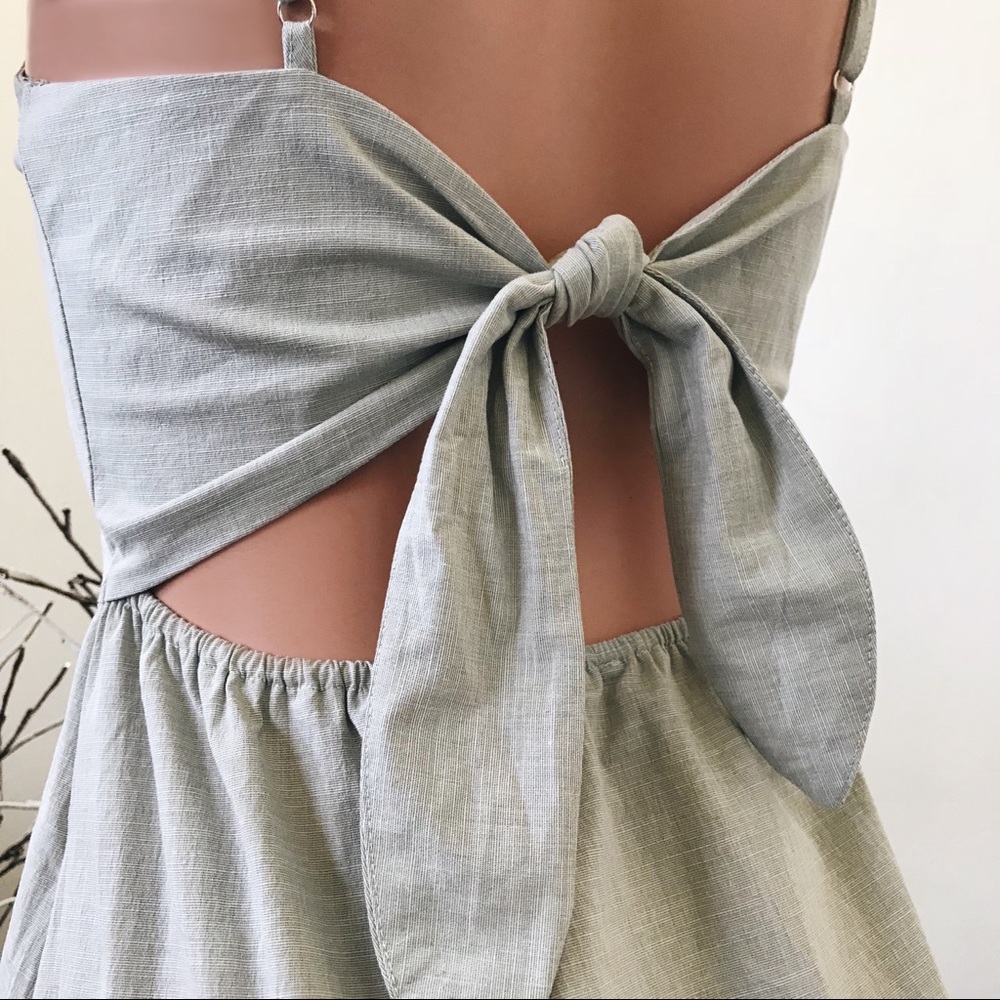 Midi Dress Pockets Linen Tie Back Button Down Sage - Picture 4 of 5